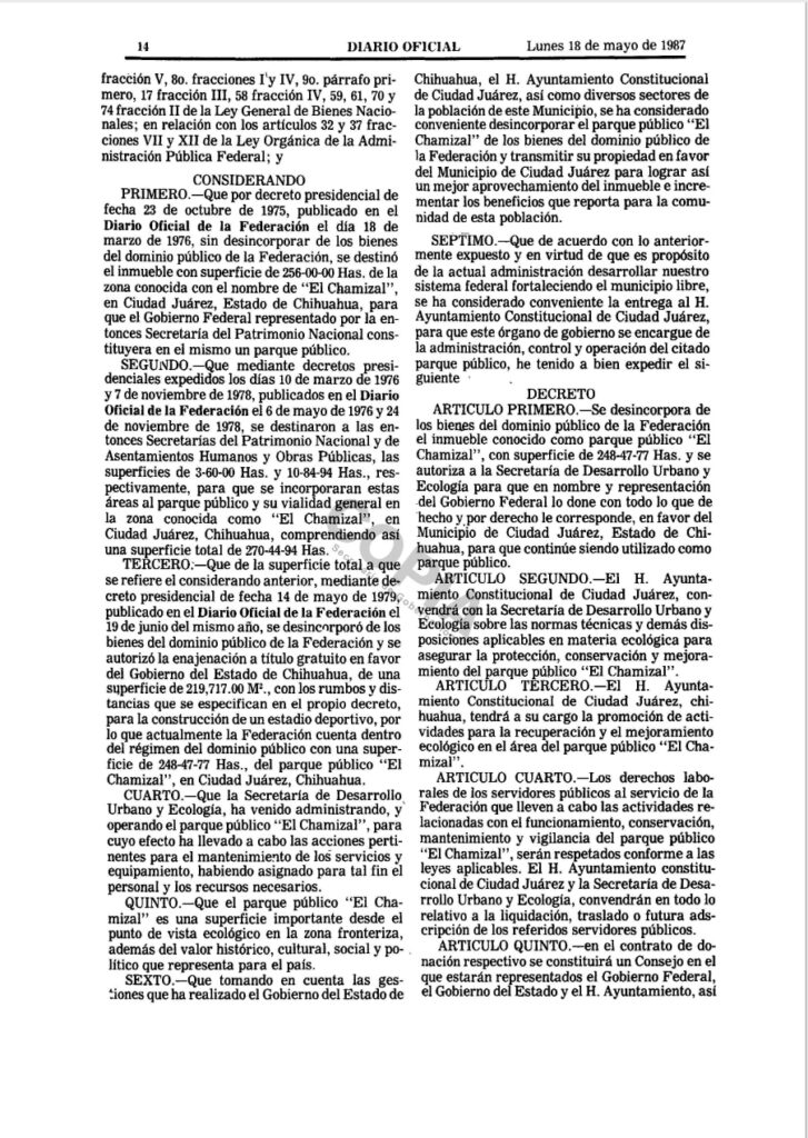 Decreto sobre la entrega de 248 hectáreas al Ayuntamiento de Ciudad Juárez, publicado en el Diario Oficial de la Federación el 18 de mayo de 1987
